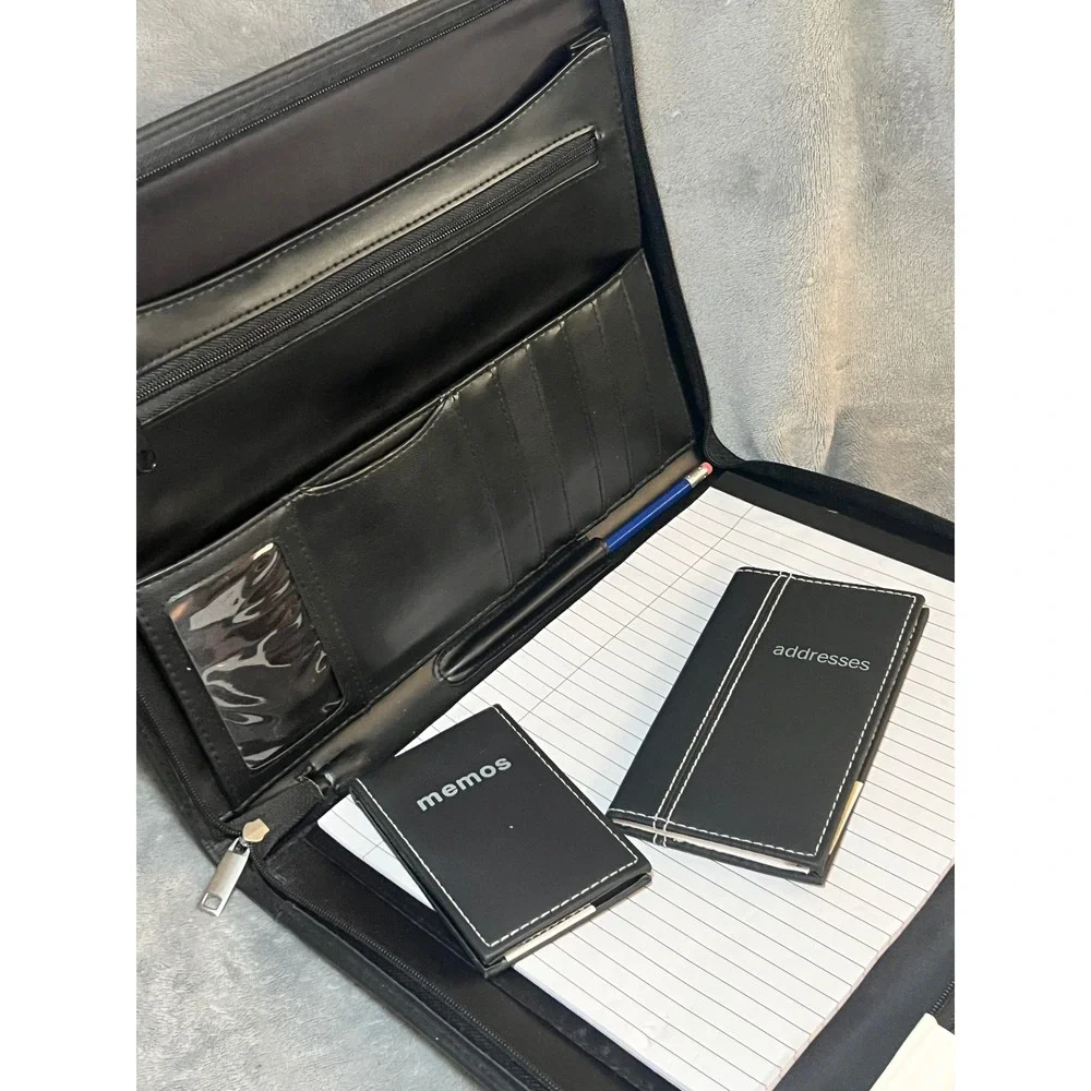 Black Zippered Padfolio Portfolio Organizer Notepad Business Card Holder
